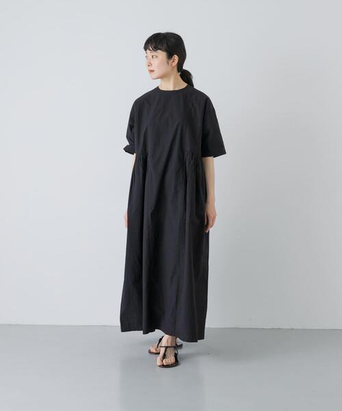 かぐれ ワンピース 半袖 「2サイズ展開」コットンシルクサイドギャザー