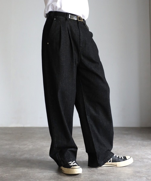 個性派リメイクワイドパンツ デニム黒ルーズシルエットXL相当ユニセックスF737 CREARE -LINO- ジーンズ リラックス ワイド ルーズパンツ「ユニ