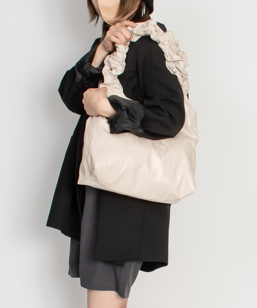 PAULE KA ポールカ ギャザー×リボン 本革 レザー トートバッグ 紫 polka トートバッグ ギャザーフリルハンドル レディース