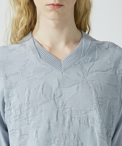5351プール・オム（5351POUR LES HOMMES）/フラワージャガード ７分袖 Vネック ニットTシャツ 5351 POUR LES HOMMES セーター ニット フラワージャガード 7分袖 V
