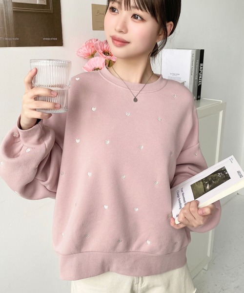 moment+ トレーナー スウェット 裏起毛ハート刺繍スウェット