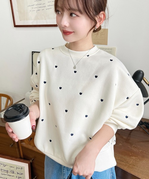 moment+ トレーナー スウェット 裏起毛ハート刺繍スウェット