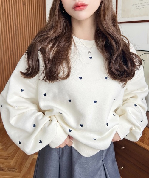 moment+ トレーナー スウェット 裏起毛ハート刺繍スウェット