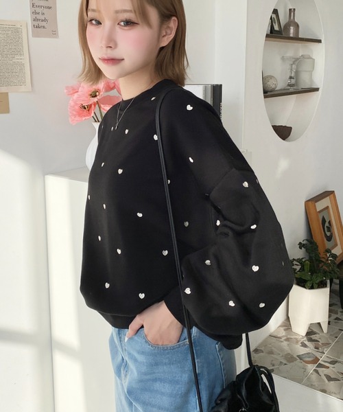 moment+ トレーナー スウェット 裏起毛ハート刺繍スウェット