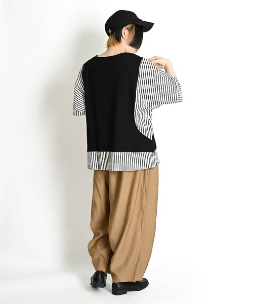 marai（マーライ） tシャツ 半袖 無地 ストライプ柄 切り替え ドルマン