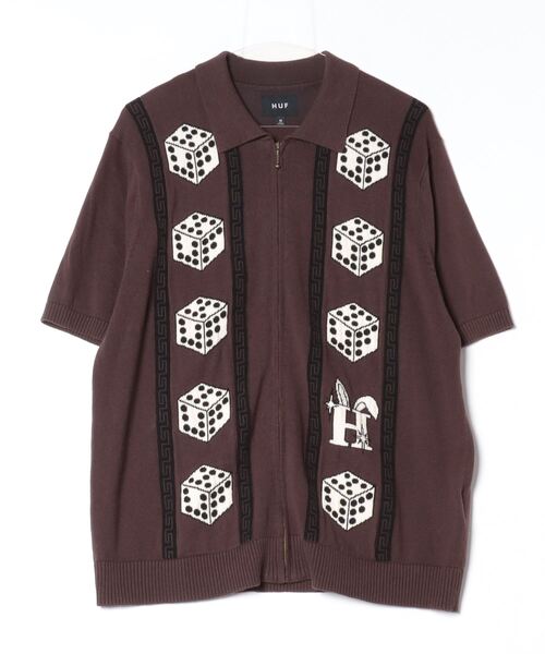 HUF」 刺繍ニットカーディガン M ブラウン レディース : 86173399  