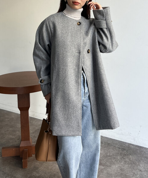 Chez toi コート アウター ノーカラーAラインコート レディース