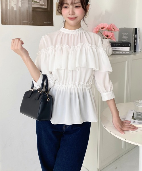 moment+ ブラウス シャツ シフォンジョーゼットウエストリボンチュール