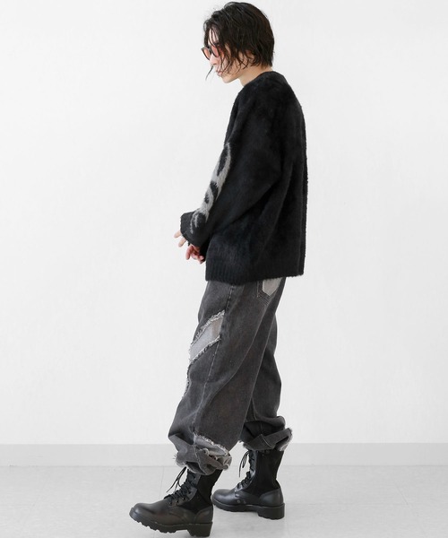 minsobi コーテイングブラック ダメージワイドデニムパンツ ワイドパンツ minsobi（ミンソビ）の「ダメージブラックデニム クラッシュ