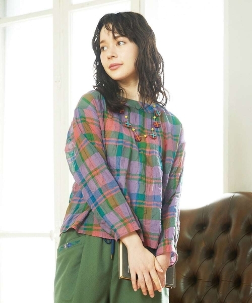 ホコモモラ（JOCOMOMOLA）/Vistoso シアーチェックプルオーバーブラウス Jocomomola（ホコモモラ） ブラウス シャツ Vistoso シアーチェック