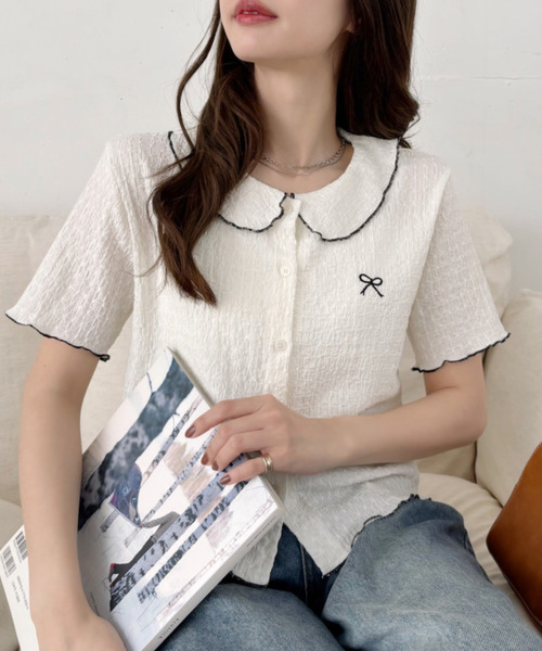 Ada. tシャツ リボンデザイン パイピング丸襟 半袖ジャガードブラウス