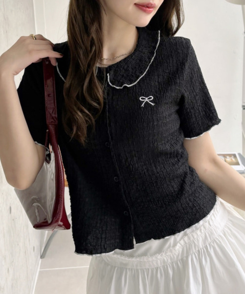 LUMB ♡Ample ボタニカルジャガードパイピングジャケット Ada. tシャツ リボンデザイン パイピング丸襟 半袖ジャガード