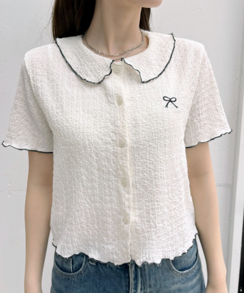 Ada. tシャツ リボンデザイン パイピング丸襟 半袖ジャガード