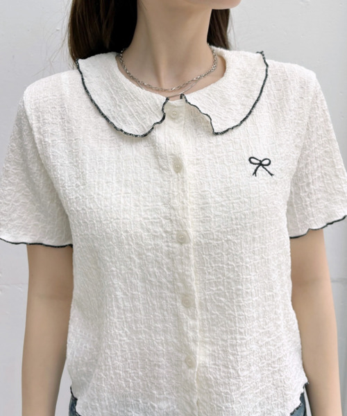 Ada. tシャツ 半袖 リボンデザイン パイピング丸襟 半袖ジャガード