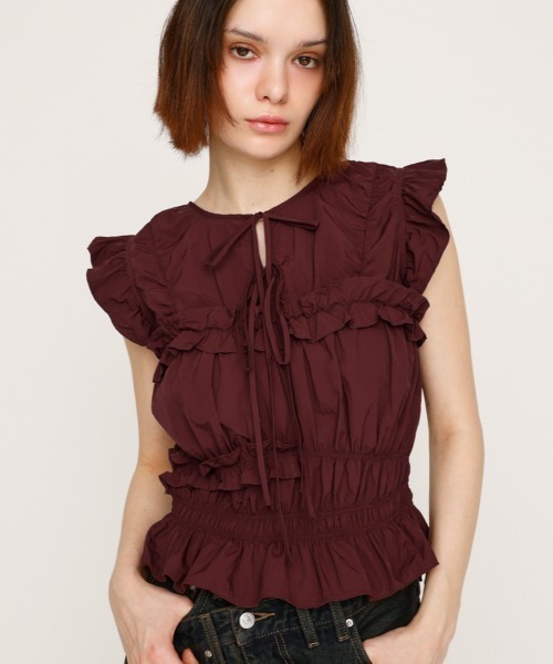 ブラウス シャツ FRILL 2WAY RIBBON BL フリル 2ウェイ リボン ブラウス 夏服 秋服 ノースリーブトップス レディース