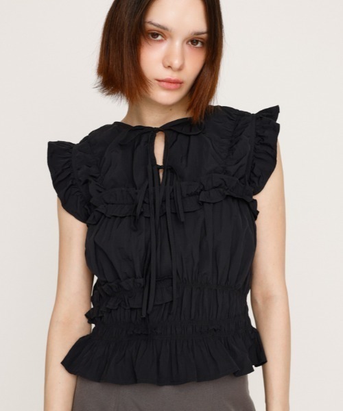 ブラウス シャツ FRILL 2WAY RIBBON BL フリル 2ウェイ リボン ブラウス 夏服 秋服 ノースリーブトップス レディース SLY ブラウス シャツ FRILL 2WAY RIBBON BL フリル 2ウェイ
