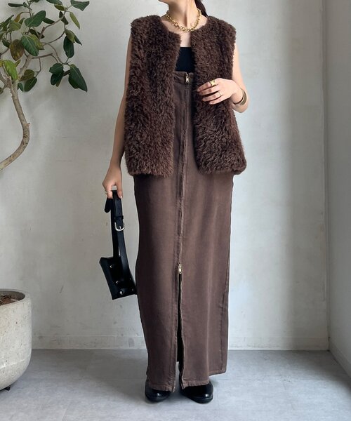 カシミヤファー布帛ジレ　ベスト DouDou（ドゥドゥ） ベスト ジレ 「完売カラー再追加！」フェイク