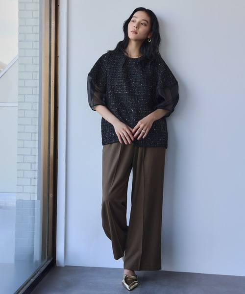ELFRANK ブラウス シャツ シアー切替え ランタンスリーブ ツイード