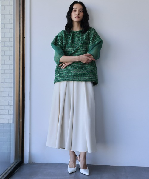ELFRANK ブラウス シャツ シアー切替え ランタンスリーブ ツイード