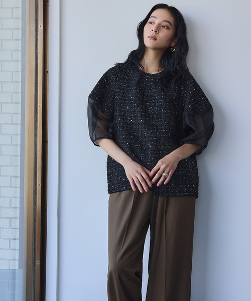 ELFRANK ブラウス シャツ シアー切替え ランタンスリーブ ツイード