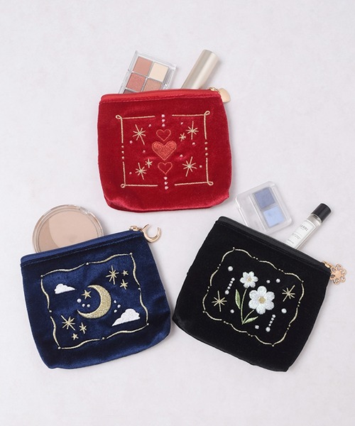 Flowering（フラワーリング） ポーチ フラワー/月/ハート/刺繍