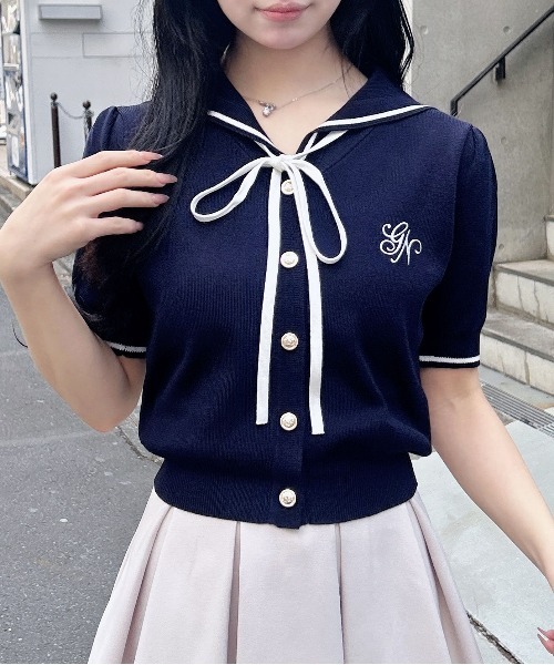 INGNI（イング） カーディガン 夏 半袖 セーラーカラー配色ニット