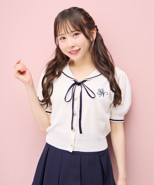 INGNI（イング） カーディガン 夏 半袖 セーラーカラー配色ニット