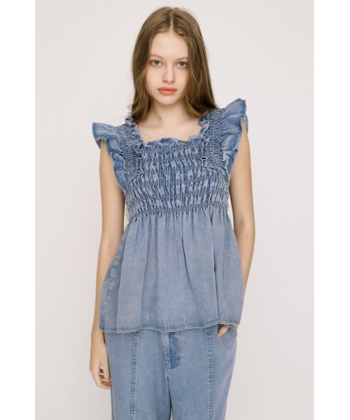 SLY（スライ） ブラウス シャツ DENIM ARM FRILL TOPS デニムアーム