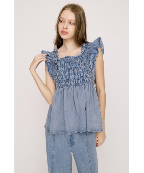 SLY（スライ） ブラウス シャツ DENIM ARM FRILL TOPS デニムアーム