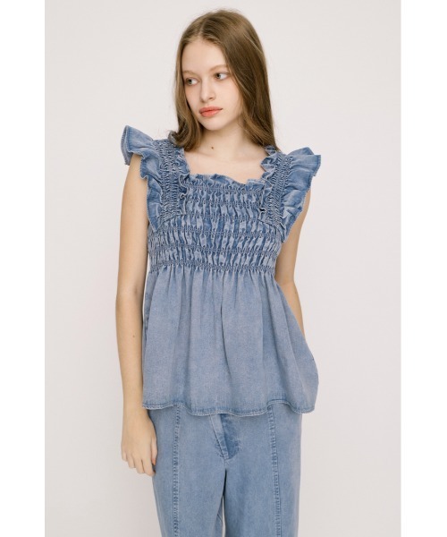 SLY（スライ） ブラウス シャツ DENIM ARM FRILL TOPS デニムアーム