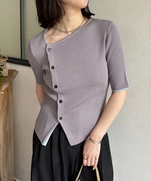【allureville】半袖ニット ボタンデザイン Thevon（ゼヴォン） ニット セーター アシメネックボタンデザイン半袖