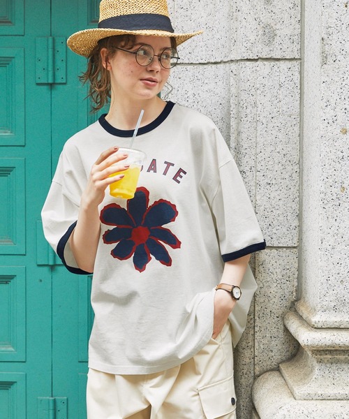 tシャツ ヴィンテージライクフラワープリントリンガーTシャツ