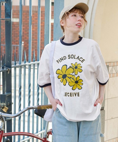 tシャツ ヴィンテージ風プリント入りフレンチスリーブTシャツ レディース Soffitto｜ヴィンテージ風プリント入りフレンチスリーブTシャツ
