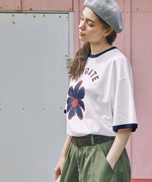 tシャツ ヴィンテージライクフラワープリントリンガーTシャツ