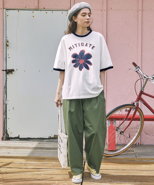 tシャツ ヴィンテージライクフラワープリントリンガーTシャツ