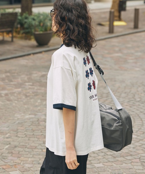 tシャツ ヴィンテージライクフラワープリントリンガーTシャツ