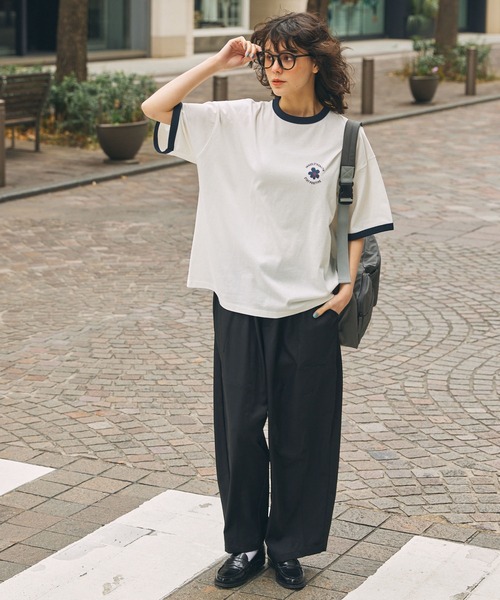 tシャツ ヴィンテージライクフラワープリントリンガーTシャツ