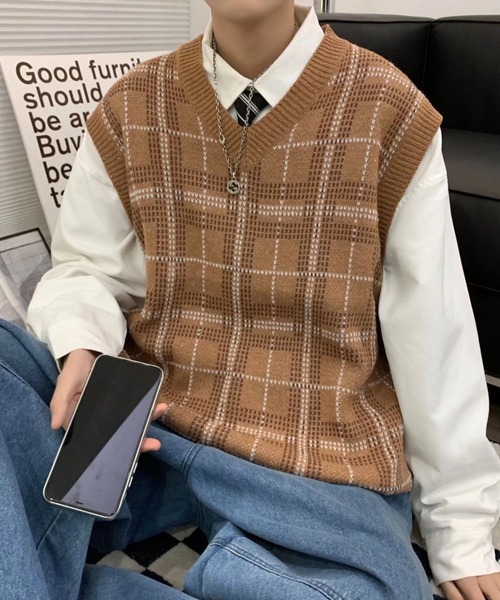 enzo.okubo　ボーイズマーケット　チェックベスト　ジレ　ミリタリー B.R.U ベスト ジレ レトロチェック柄ベスト メンズ レディース