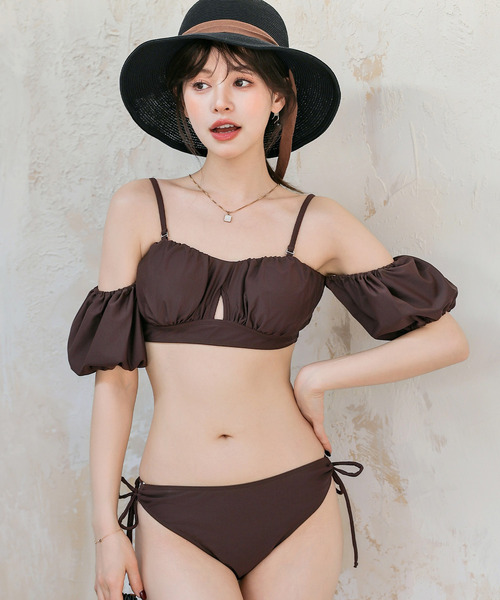 ■韓国■ オフショルビキニ ハイウェスト レース風 パフスリーブ 水着 ビキニ オフショルダー ハイウエスト レースアップ フリル