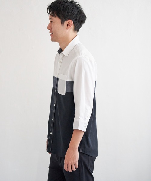 ikka シャツ 7分袖オックス胸切り替えシャツ メンズ : ZOZOTOWN