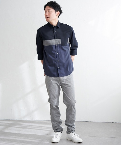 ikka（イッカ） シャツ 7分袖オックス胸切り替えシャツ メンズ