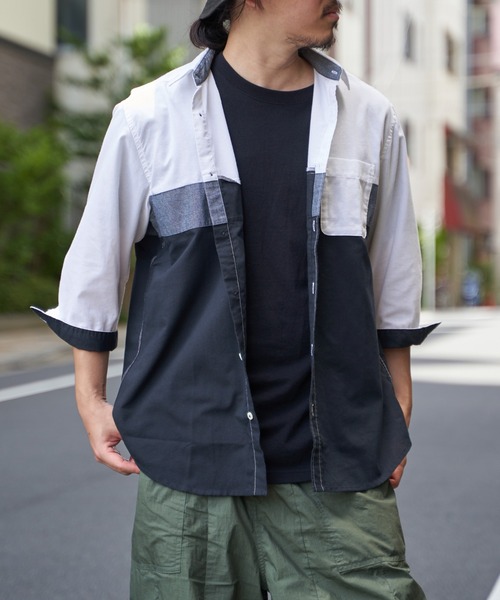 ikka シャツ 7分袖オックス胸切り替えシャツ メンズ : ZOZOTOWN