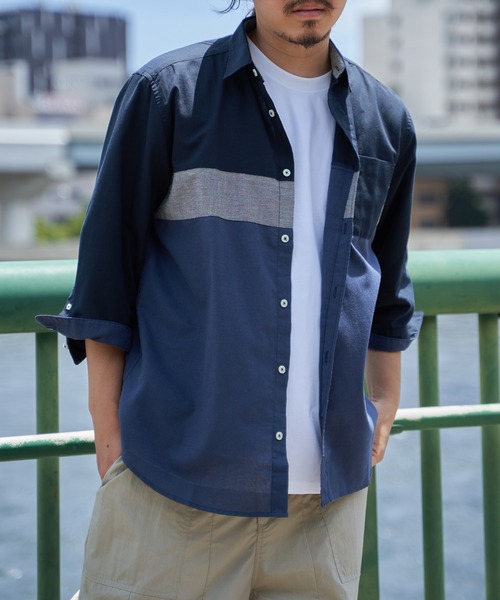 ikka シャツ 7分袖オックス胸切り替えシャツ メンズ : ZOZOTOWN