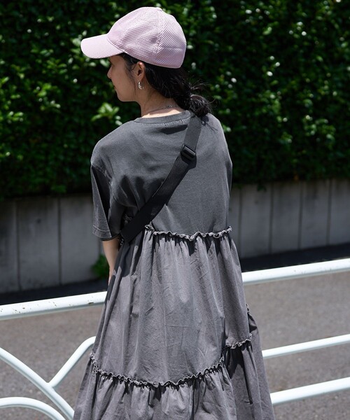 FREAK'S STORE ワンピース 裾フリル ピグメント半袖ワンピース/異素材