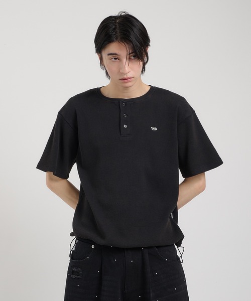 Perushu tシャツ ワッフルヘンリーネックワンポイント刺繍Tシャツ