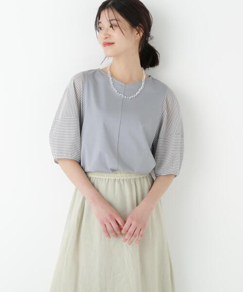 tシャツ シアーストライプドッキングＶネックカットソープルオーバー レディース