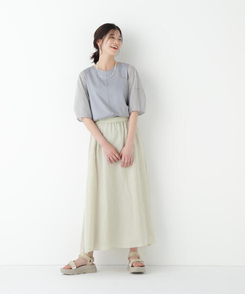 human woman tシャツ シアーストライプドッキングVネック