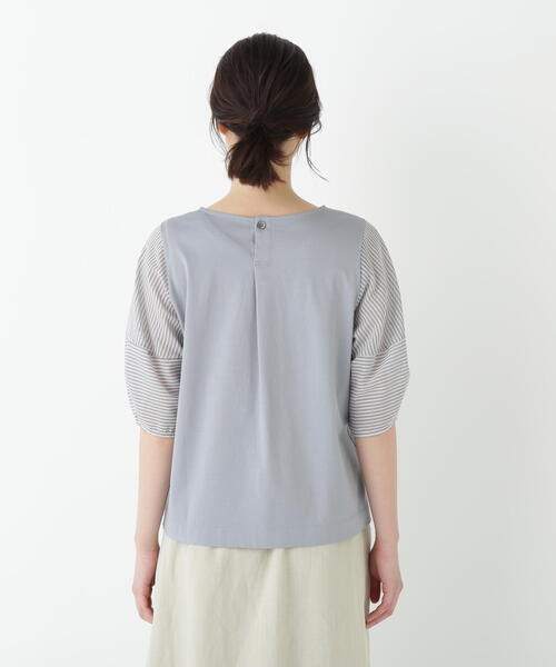 human woman / ヒューマンウーマン ◆シアーストライプドッキングＶネックカットソープルオーバー シアーストライプドッキングVネックカットソープルオーバー