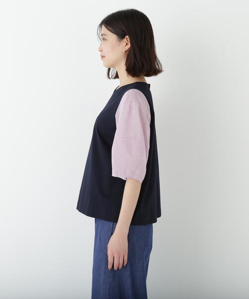 human woman tシャツ シアーストライプドッキングVネック
