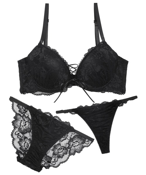 ブラックレースブラジャーショーツセット ブラジャー ショーツセット 「3点セット」 エレガンス レースアップ 育
